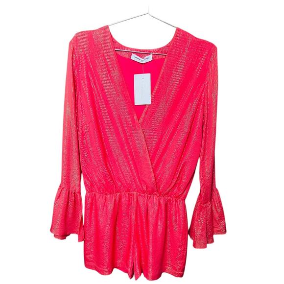 Amanda Uprichard NEW Seraphina Silk Romper Coral Gold Bell Sleeves Size Large - Picture 4 of 11